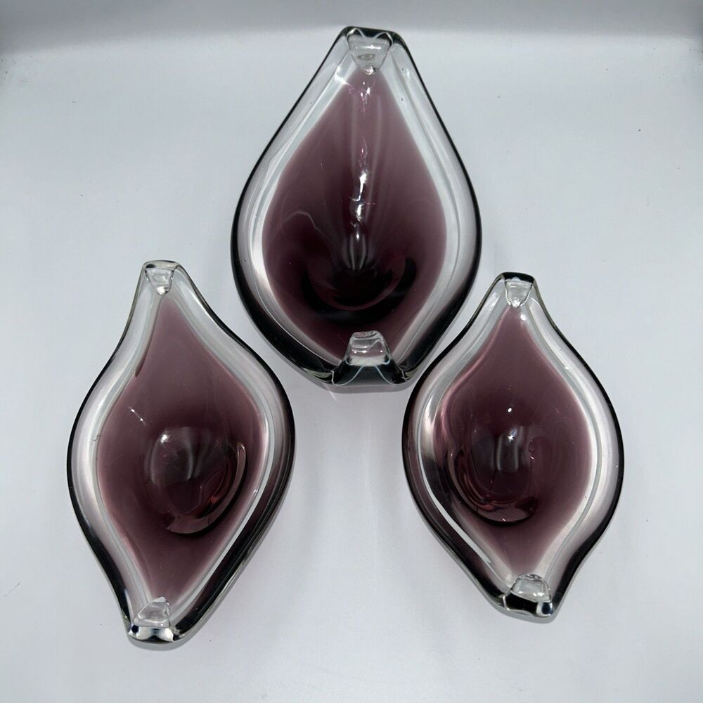 Paul Kedelv - Coquille Flygsfors Pink Purple Art Glass Bowl 1950s- 3 piece set